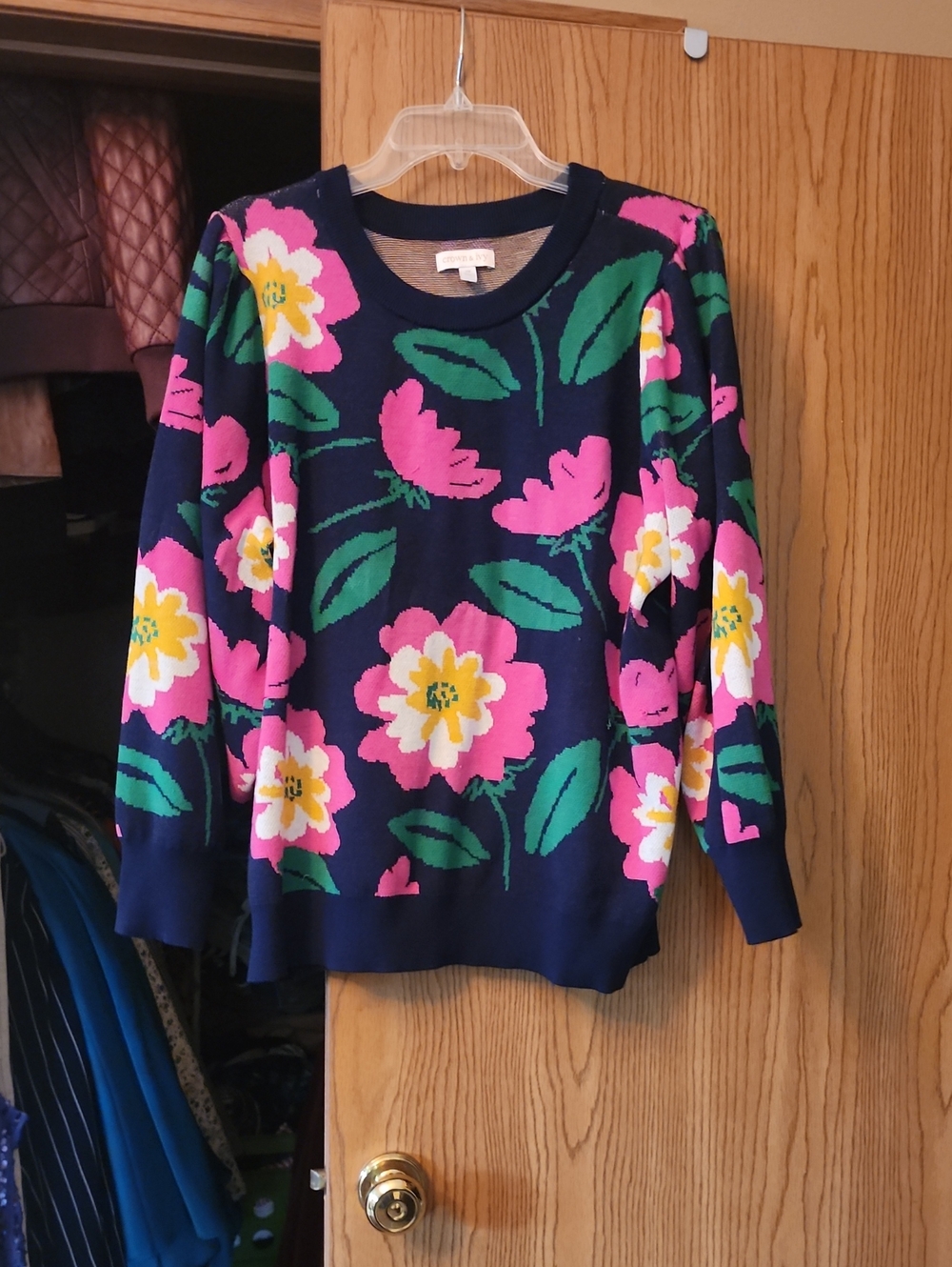 crown & ivy Navy Sweater with Pink, Green & Yellow Floral Print